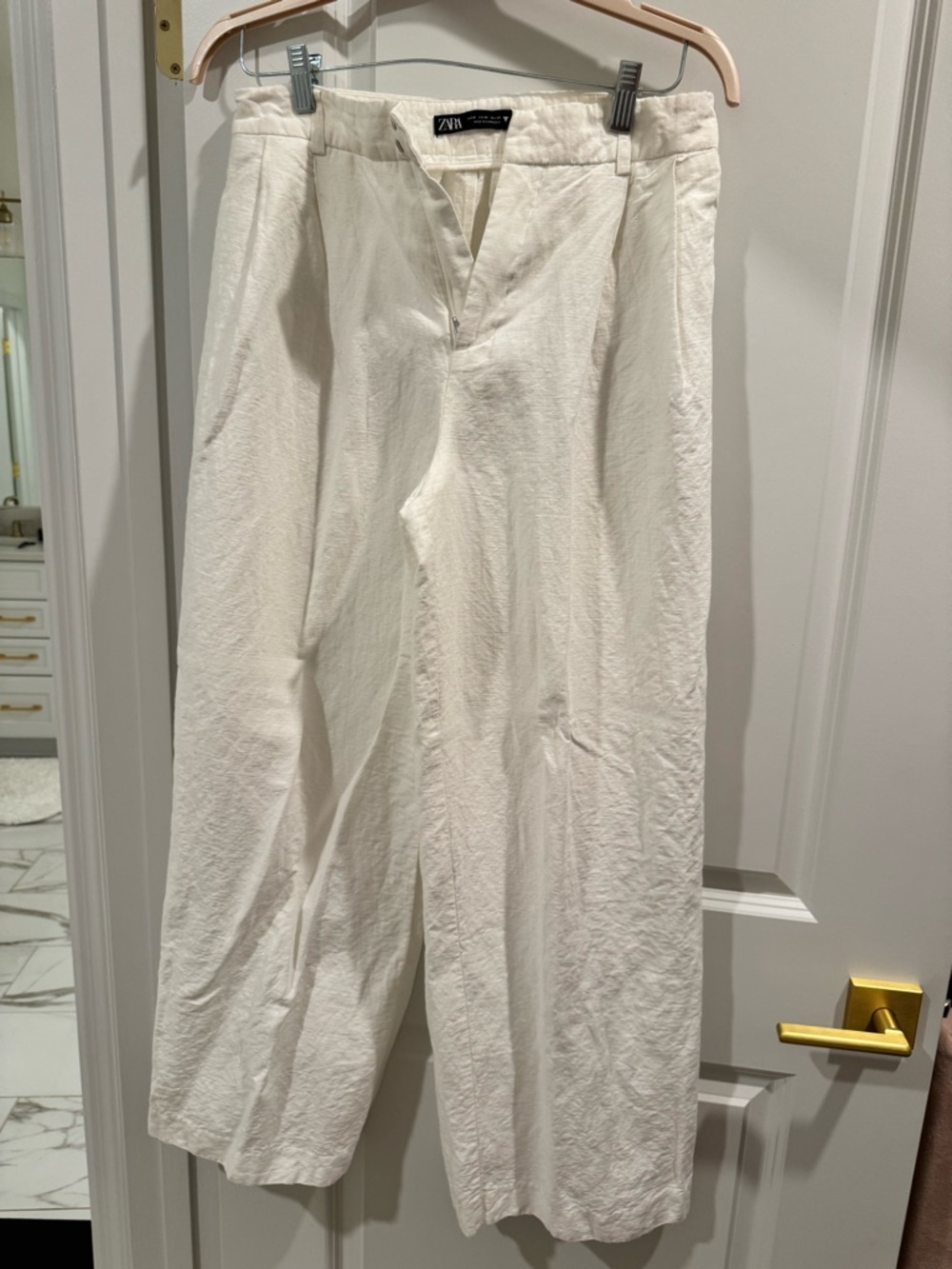 Zara Cream Linen-Blend Wide Leg Pants